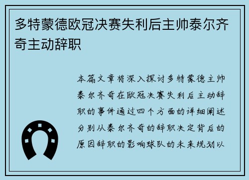 多特蒙德欧冠决赛失利后主帅泰尔齐奇主动辞职